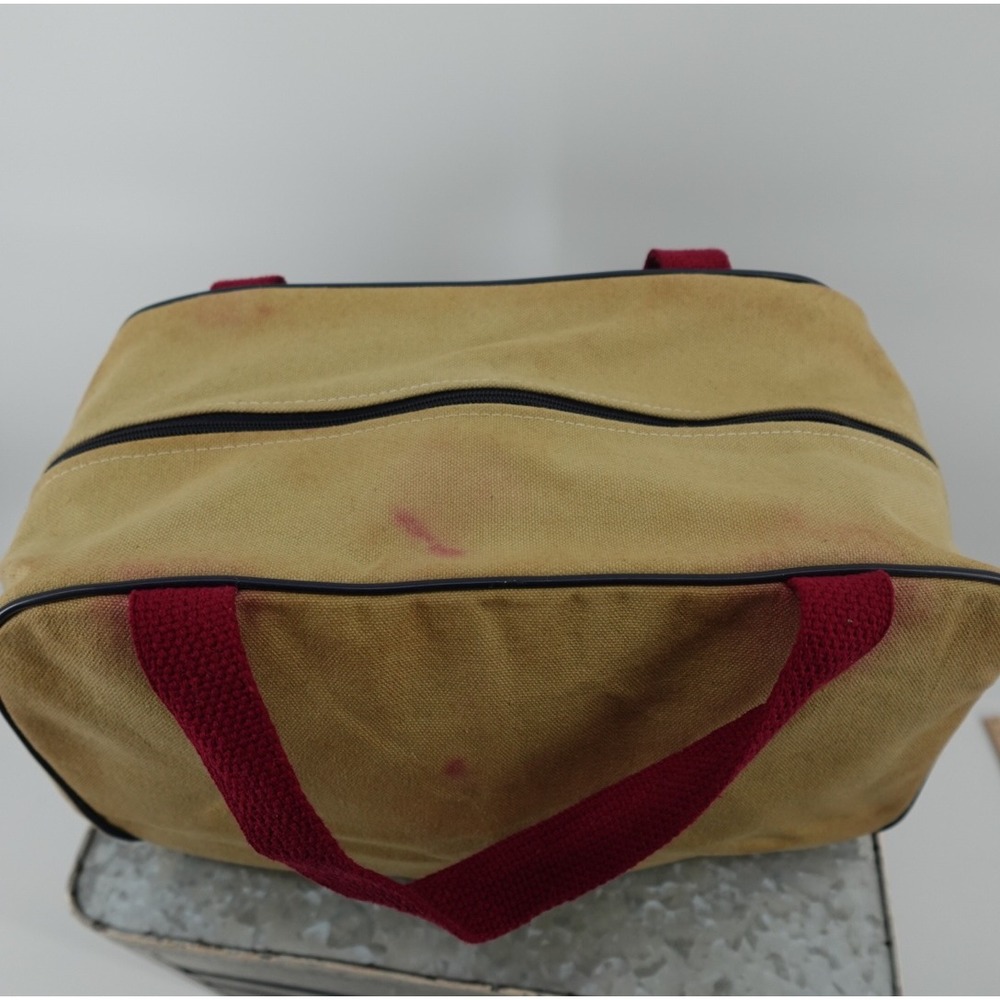 Vintage Tapestry Golf Scene Small Duffel Bag Tan Canvas Burgundy Handles - Picture 7 of 10